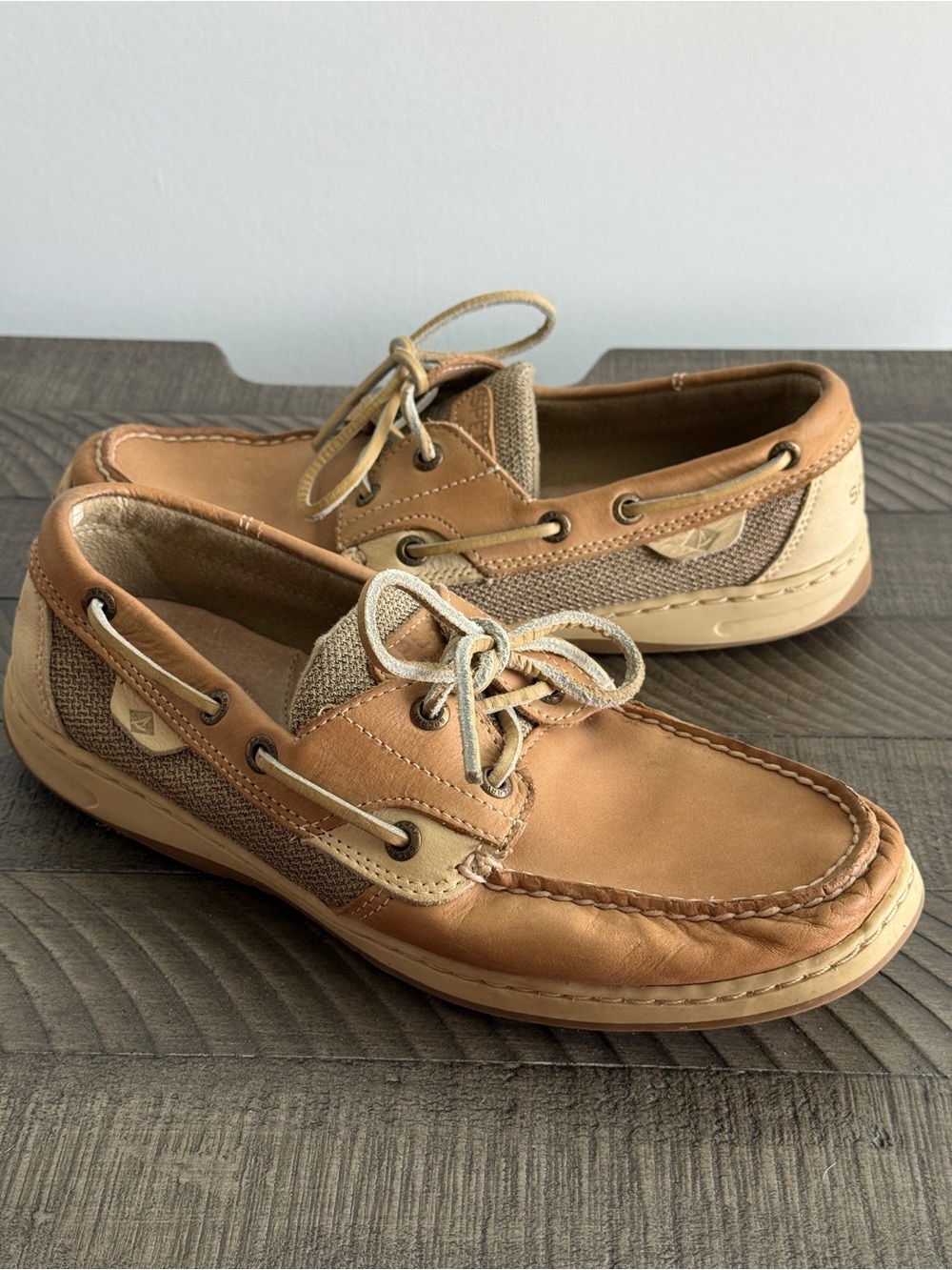 Sperry Top Sider Boat Shoes Womens 9M Tan Slip On Leather Canvas Loafers